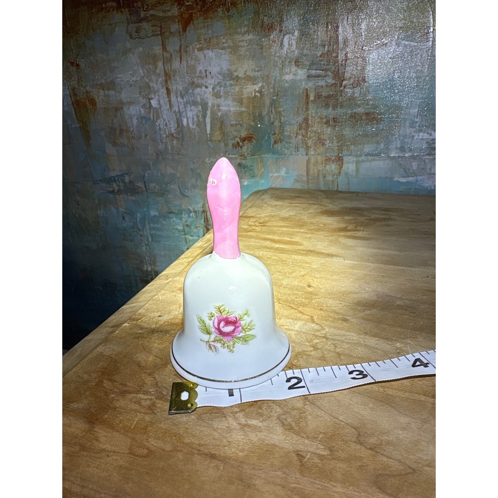 Vintage Japan Porcelain Hand Bell Pink‎ Rose Floral Gold Trim Victorian Decor